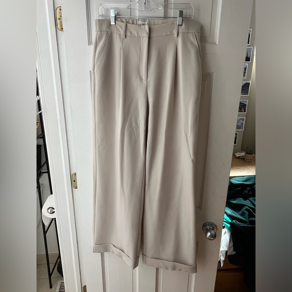 Nicole Miller Midrise Wide Leg Trousers Cream